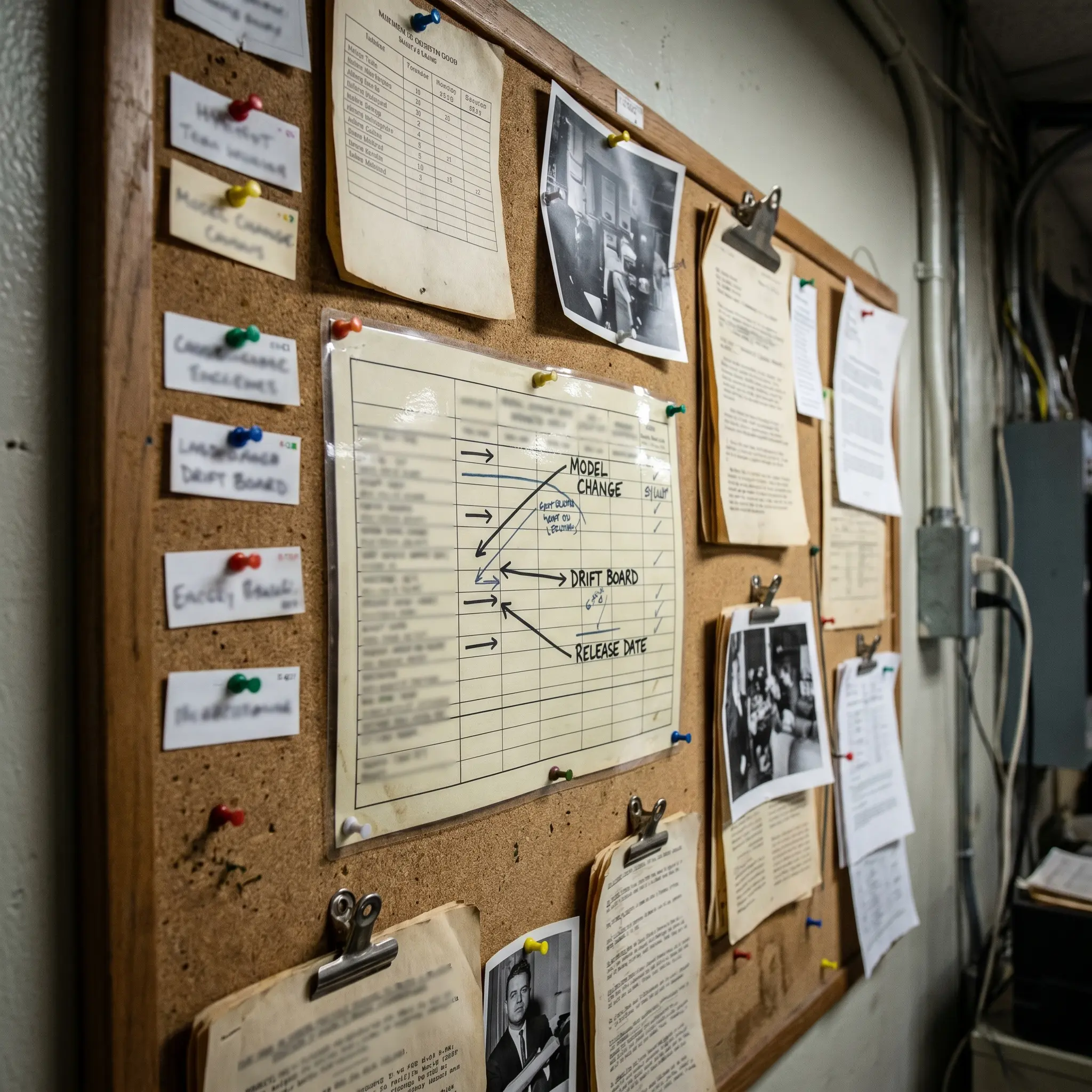 Model-change bulletin board with release drift indicators