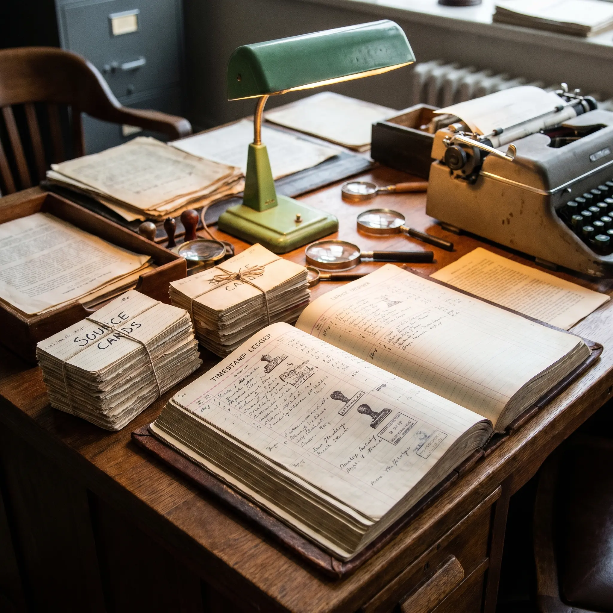 Prompt provenance office with source cards and timestamp rails